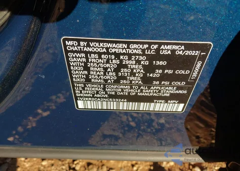 2022 Volkswagen Atlas 3.6L V6 Se W/Technology from USA, damaged, VIN 1V2KR2CA2NC533244